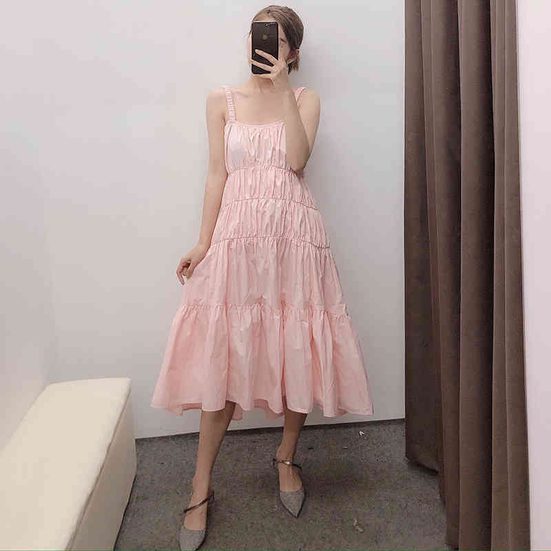 Women Sweet Pink Pleated Midi Dresses Summer Spaghetti Strap Cotton Ruffle Female Sleeveless Party 210515