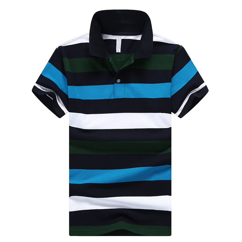 Mens Business Polo Shirt Cotton Casual Dress Summer Men Blue Stripes Polo Shirt Slim Fit Collar Short Sleeve Classic Shirts Male 210518