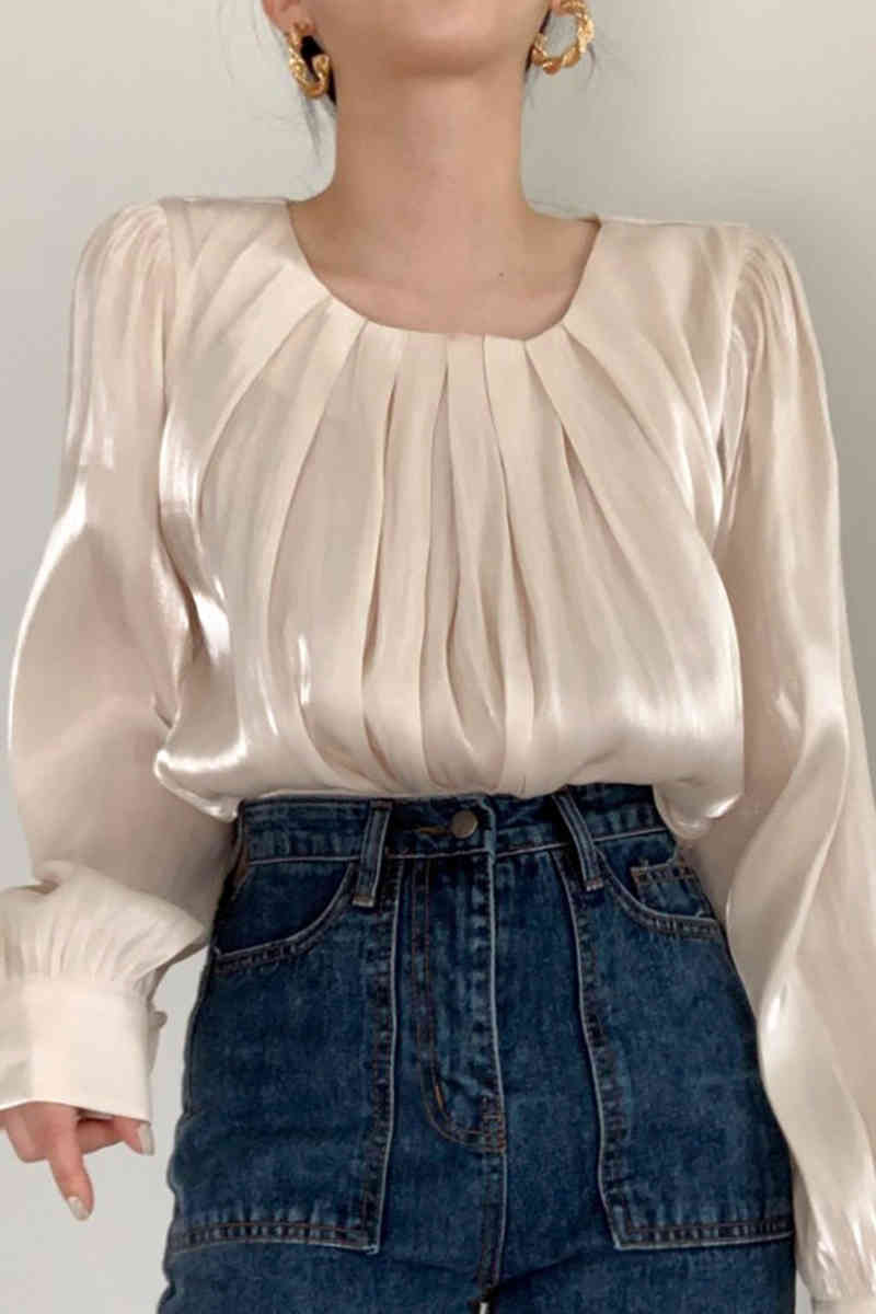 Causal O-neck Women Blouse Korean Thin Pleated Shirt Tops Spring Summer Puff Sleeve Blusas Mujer De Moda 210519