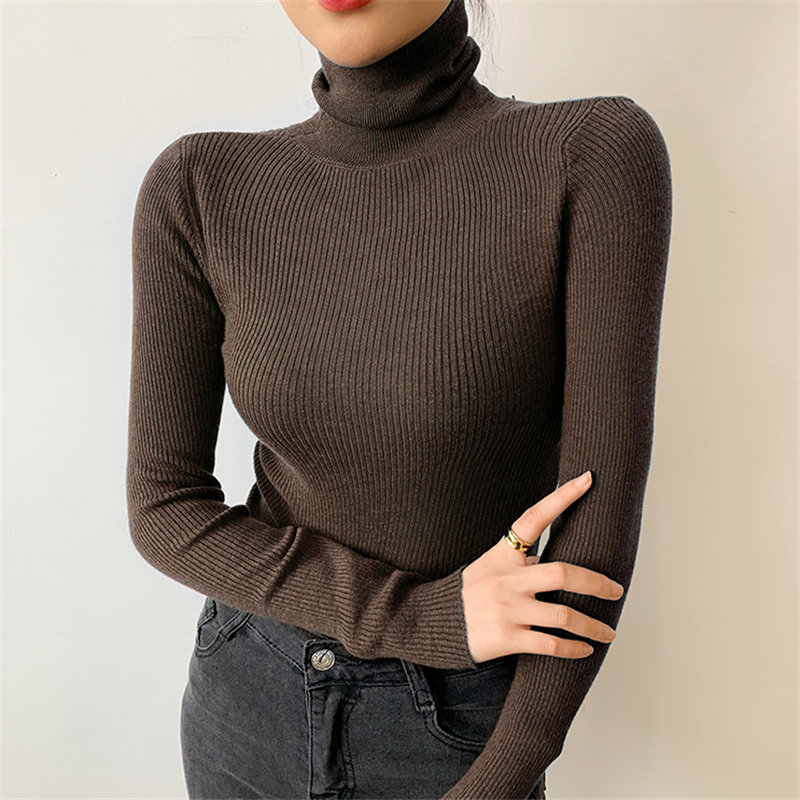 Pullovers Turtleneck Knitted Vintage Basic Slim Office Lady Tops Elegant High Quality Solid Streetwear Sweaters 210421
