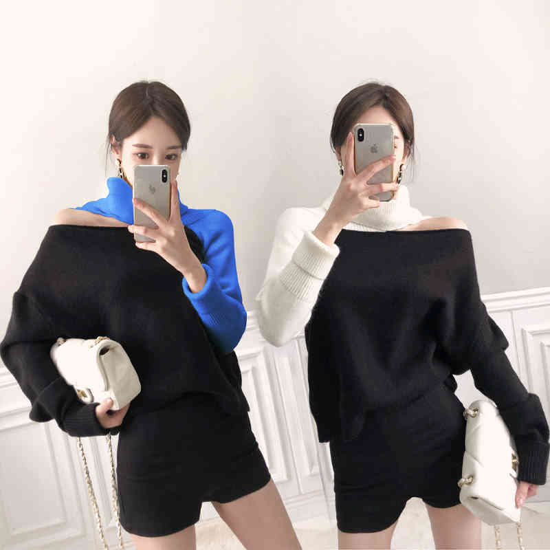 Women's Irregular Sweater Autumn Winter Contrast Color Turtleneck Pullovers Female Off Shoulder Loose Jumper Fashion 210506