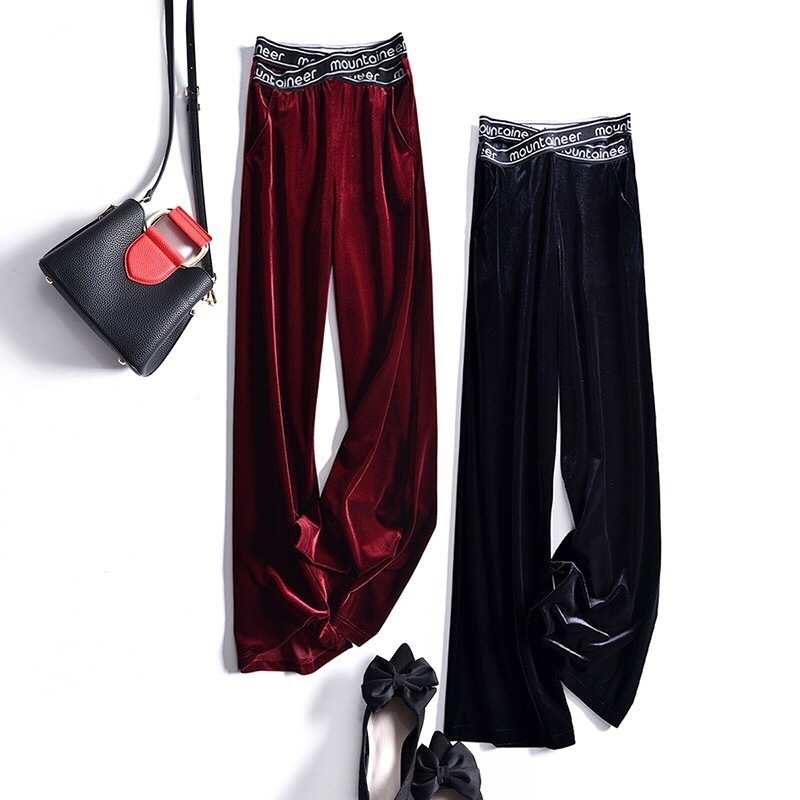Elastic High Waist Wide Leg Pants Women Plus Size Velvet Elegant Office Lady Highstreet springTrousers Spodnie Damskie 210421