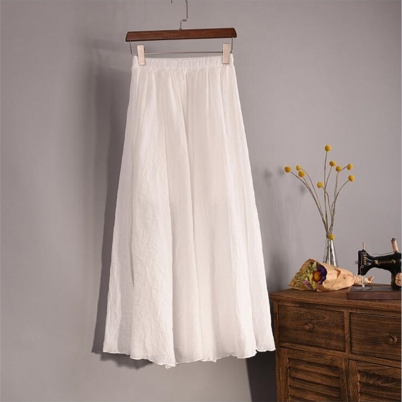 Cotton Linen Maxi Skirt Women Spring Summer Elastic Waist Vintage Solid Pleated Long Skirts Mori Girl Boho Beach Skirt QH1755 210407