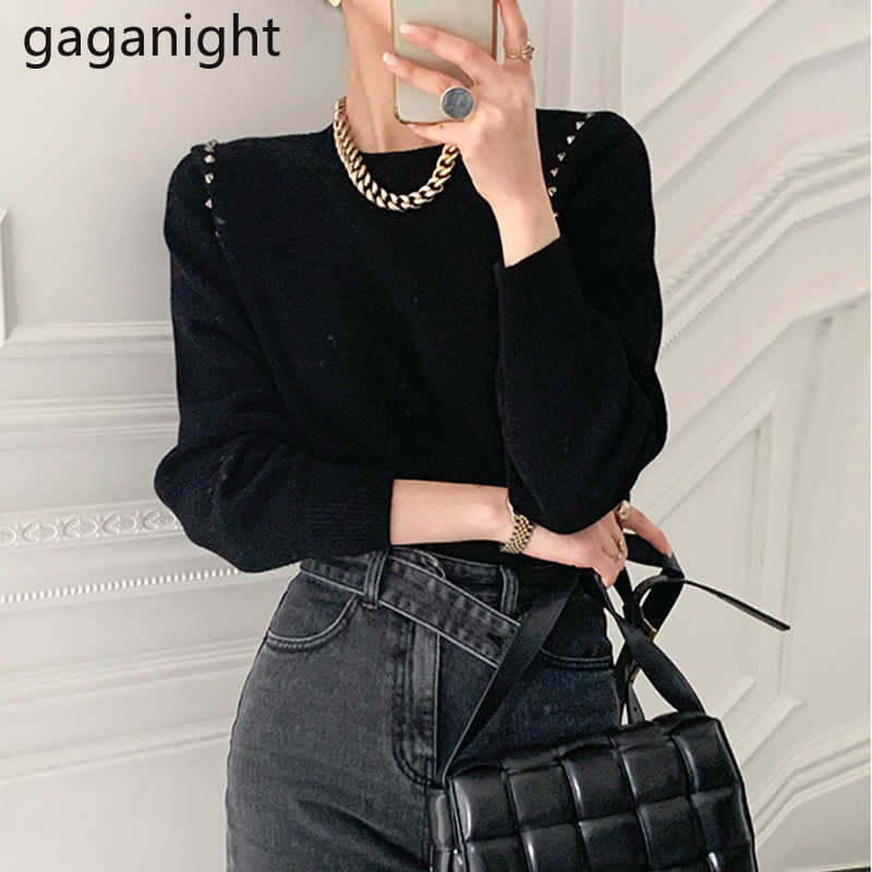 Chic Vintage Rivet Women Sweater Winter Thick ONeck Pullovers Korean Long SleeveKnited Sweaters Casual Loose Tops 210601