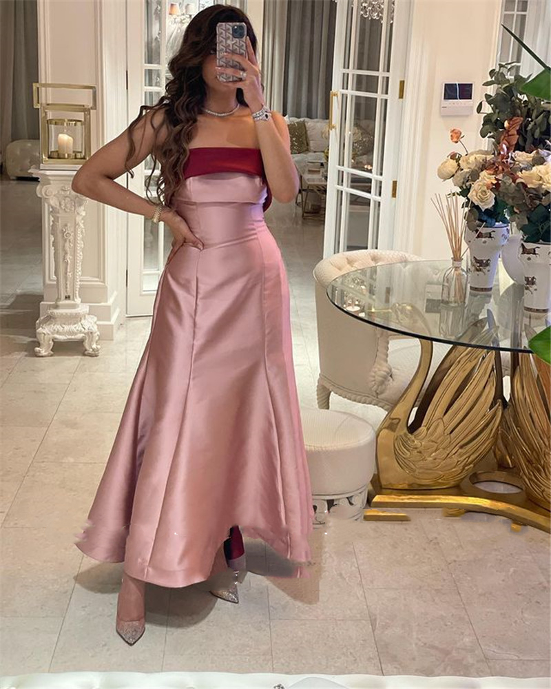 Elegant Blush Pink And Burgundy Satin Long Evening Dresses Ankle Length Strapless Simple Prom Dress Saudi Arabic Women A Line Formal Party Gowns