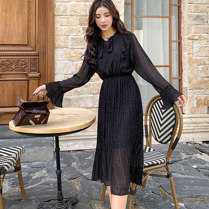Autumn Women Vintage High Waist Pleated Dress Elegant Polka Dot Chiffon es Black Bow Collar Vestidos 11185 210427