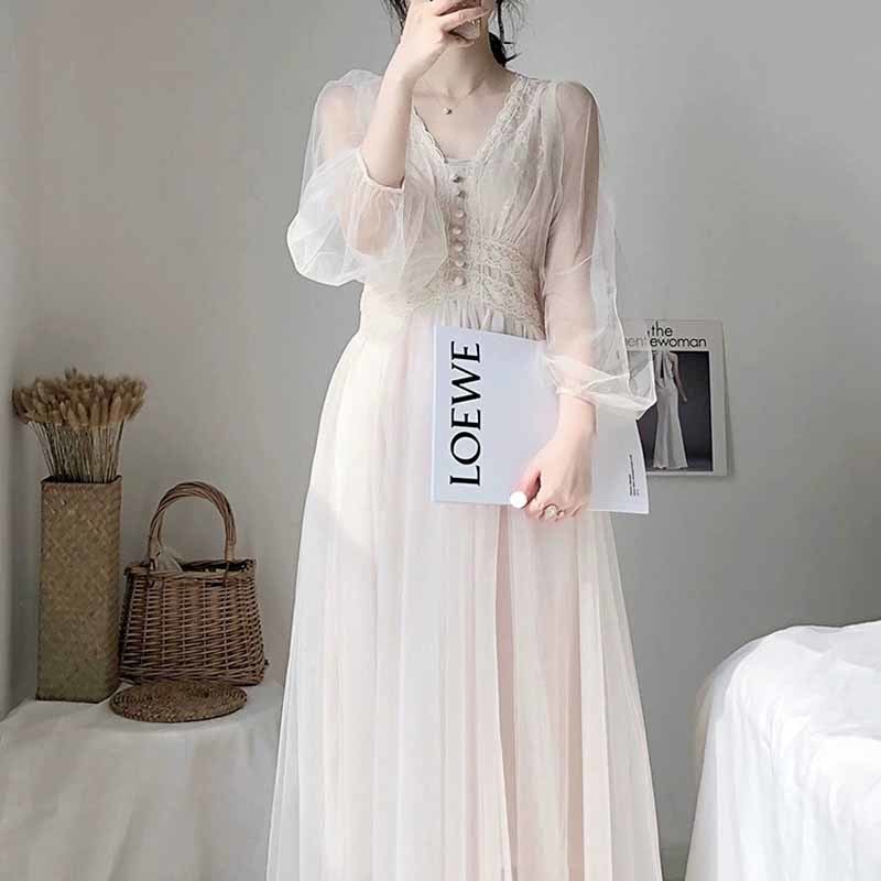 Women Chiffon White Plus Size Dress Elegant Button A-Line Vestidos Solid Puff Sleeve Empire V-Neck Lace Voile Mesh 8126 210518
