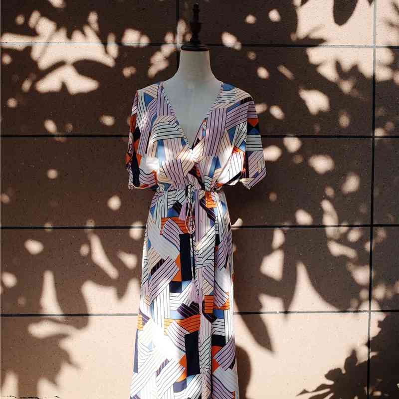 Patchwork Swimsuit cover up Beach Tunic Sarong Robe de Plage wear kaftans long Dress Womens Swim Wear #Q541 210420