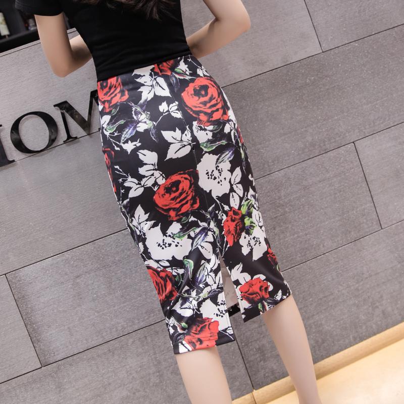 Floral Print Elastic High Waist Pencil Skirts Midi Skirt Women Printed OL Work Wear Summer Plus Size Short