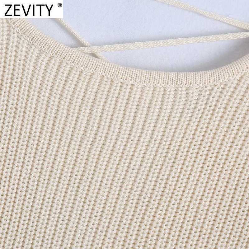 Zevity Women Solid Color Short Knitting Sweater Femme Chic Summer Sexy Backless Lace Up Casual Slim Pullovers Crop Tops SW830 210603