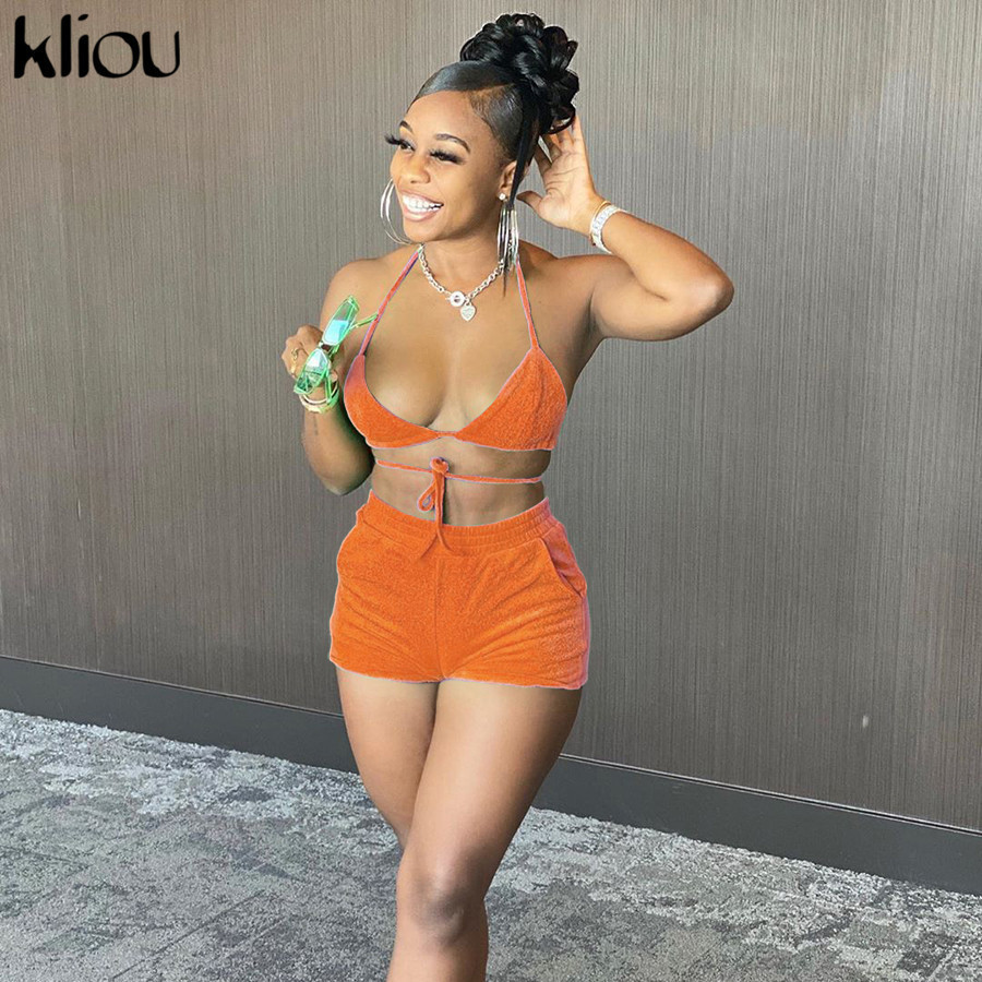 Kliou women two piece outfits fashion halter backless sexy brabiker shorts matching set bandage female vacation party clubwear T200826