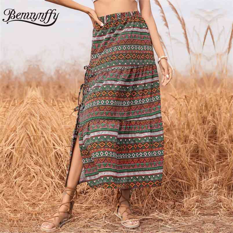 Tie Side Ethnic Print Split Long Skirts Women Summer Vacation Bohemian High Elastic Waist Female Casual Maxi Skirt 210510