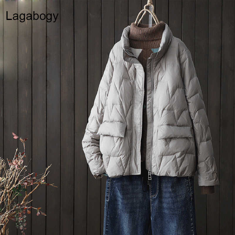 Lagabogy Autumn Winter Coat Women Ultra Light White Duck Down Parka Short Loose Puffer Jacket Female Casual Outwear 210918