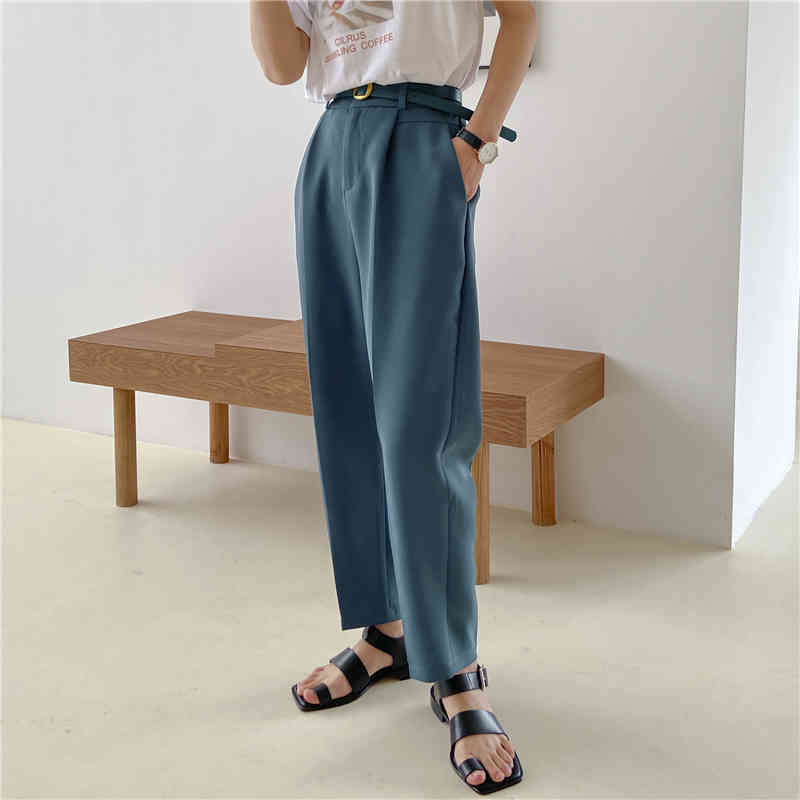 Retro British Suit Pants Solid Loose Trousers Plus Size Casual High Waist Pencil Pants Women Bottoms With Belt 210515