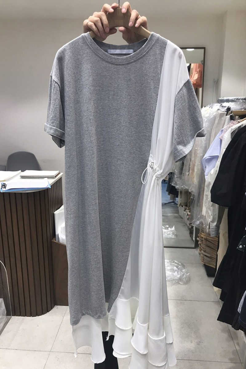 Spring Summer Simple Spelling Patchwork Ruffles O-Neck Casual Mid-Calf Dresses Women 210615