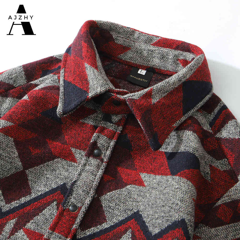 AJZHY Winter Warm Cashmere Flannel Shirt Men Long Sleeve Casual Streetwear Vintage Button Up National Geometric Retro Clothes 210410