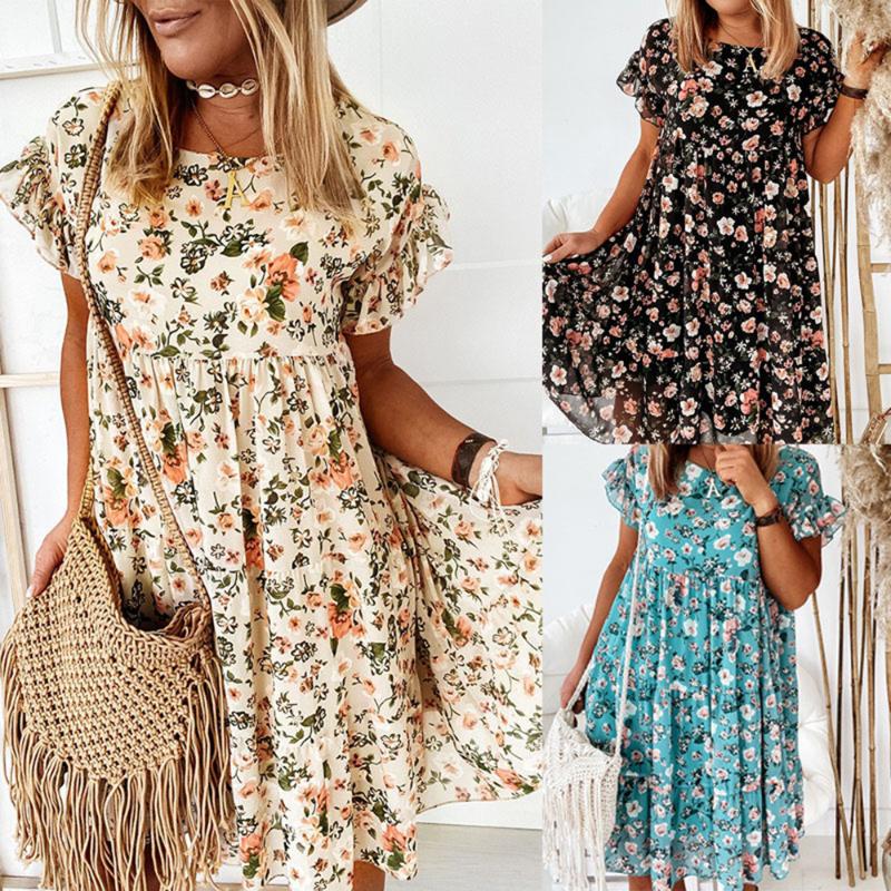 Summer Womens Casual Floral Print Dress 2021 Boho Short Sleeve Woman Fashion Female Loose Ruffles Mini Dresses For Robe Femme