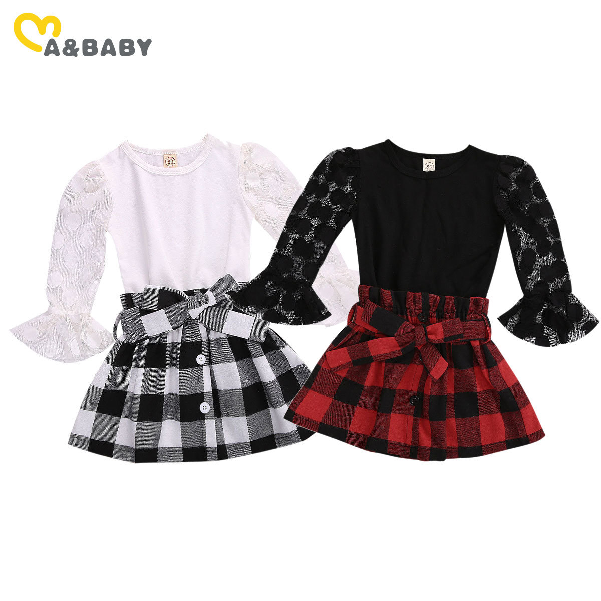 1-6Y Toddler Kid Girls Clothes Set Christmas Clothing Xmas Outfits Lace Long Sleeve Top Plaid Bow Skirts Autumn 210515