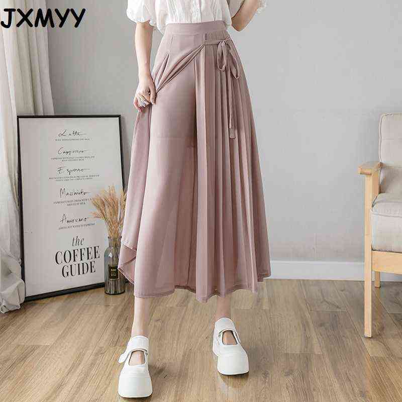 Spring And Summer Style Korean Pleated Chiffon Trousers Large Size Elastic Waist Casual Pants Hakama Woman 211115