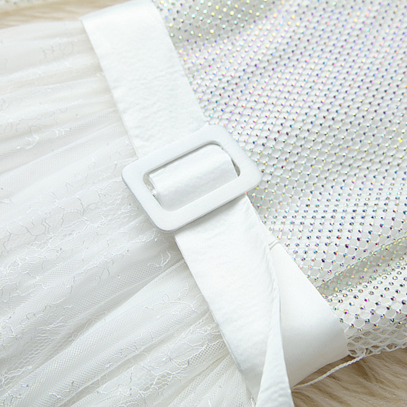 HIGH QUALITY Summer Women Elegant Long Sleeve Perspective Mesh Patchwork Lace Belt Diamond Hollow Out White Dress 210521