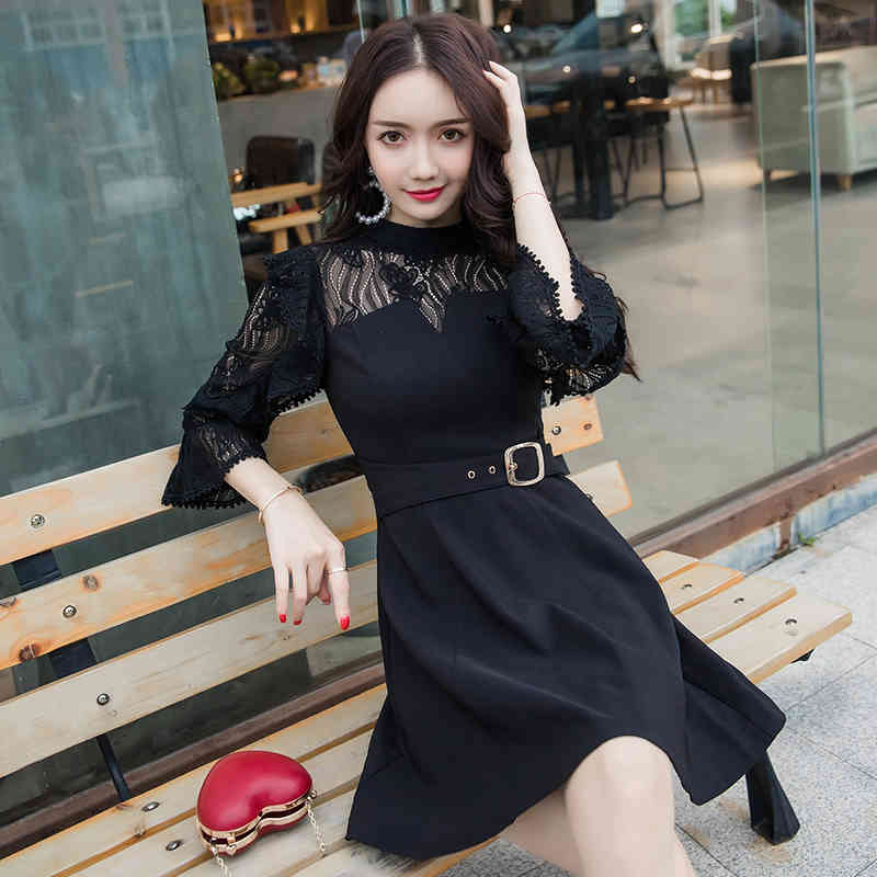Spring New Dress Women Korean Office Ladies Elegant Ruffles Dress A-line Long Sleeve Lace Sexy Dress Vestidos Female 210409