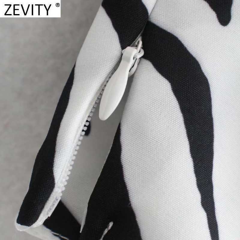 Zevity Women Vintage Zebra Striped Print Short Smock Blouse Female Pleats Long Sleeve Side Zipper Shirt Chic Blusas Tops LS9233 210603