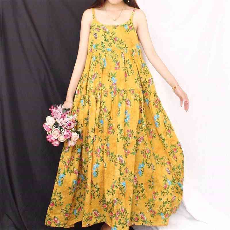 Floral Print Cotton Linen Maxi Dress Summer Casual Sling Boho Loose Big Hem Beach Dresses Women Oversized Long Robe 210522