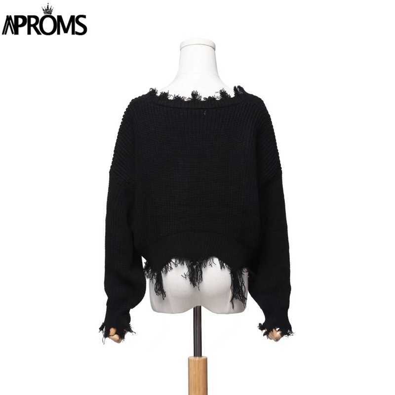 Aproms Tassel Deep V Knitted Pullover Female Autumn Winter White Long Sleeve Knit Crochet Sweaters Women Cropped Jumper Pull Top 210914