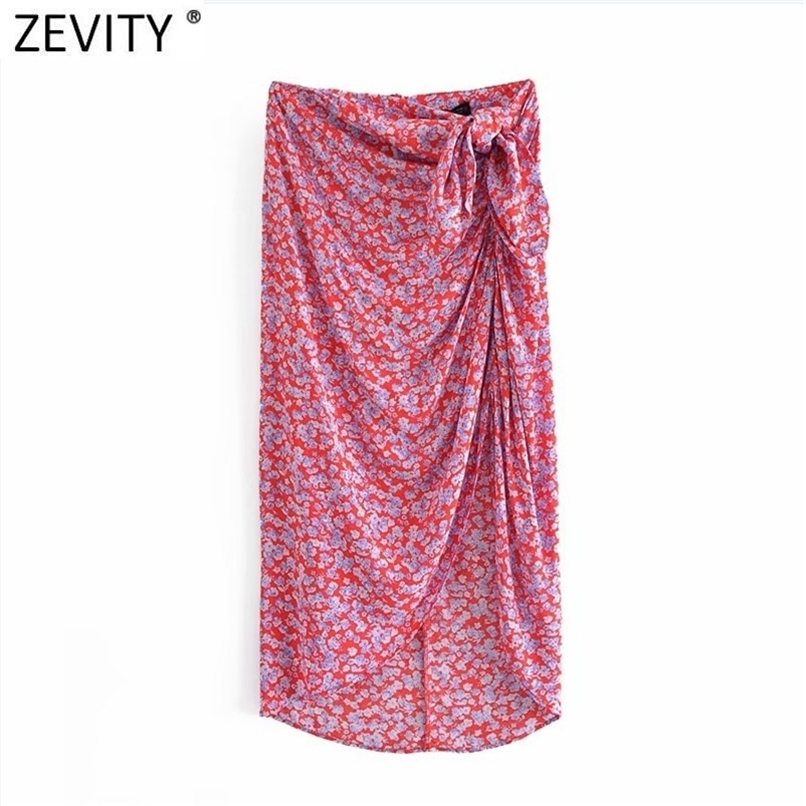 Zevity Women Sweet Floral Print Bowknot Sarong Skirt Faldas Mujer Female Chic Pleat Split Vestido Back Zipper Slim Skirts QUN778 210619