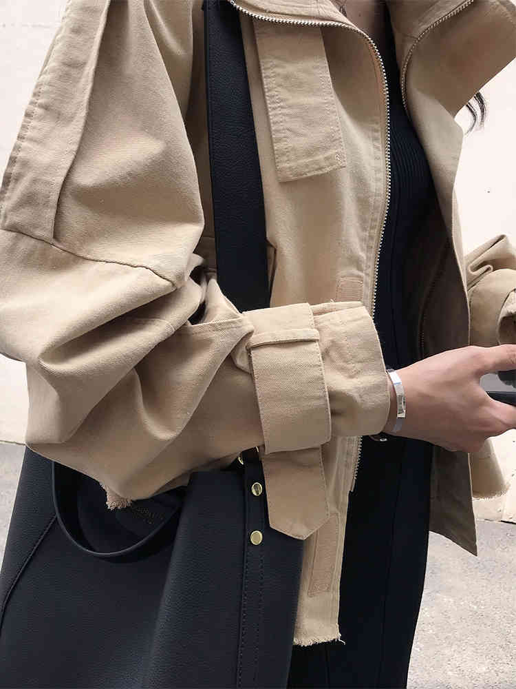 Comelsexy Spring Autumn Windbreaker Long Sleeve Turn-down Collar Loose Tooling Jacket Long-sleeved Thin Casual Tops 210515