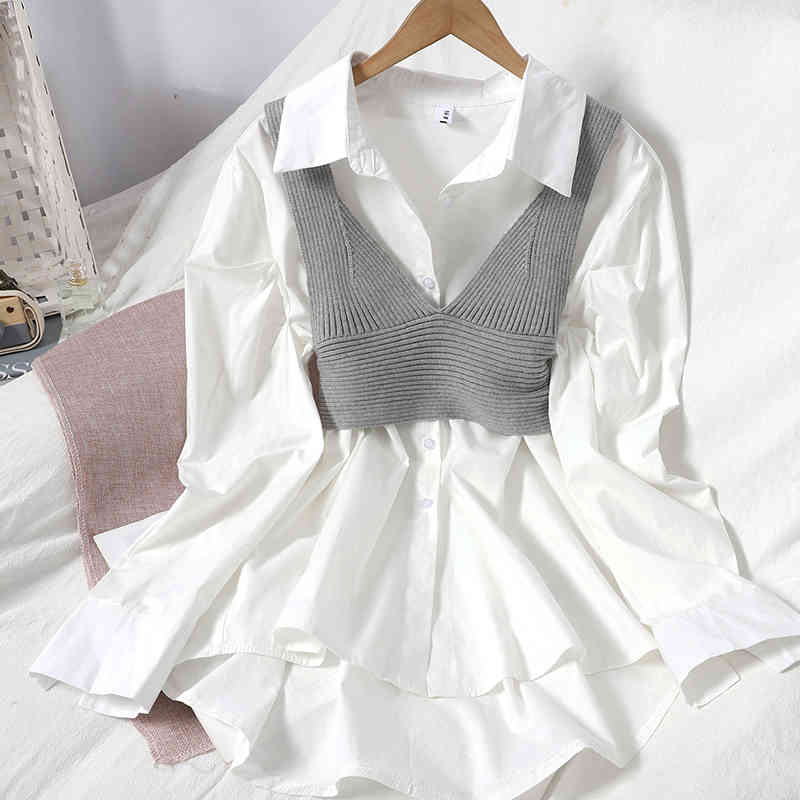 Nomikuma Two Piece Blouse Sets Puff Sleeve Medium-long Blouses Shirt + Knitted Slim High Waist Short Vest Women Outfits 6D869 210427