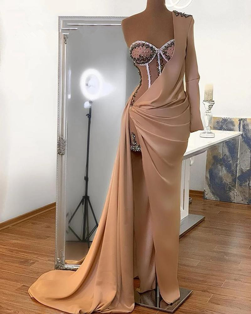 Gold Pink Evening Dresses One Sleeves Sparkling Sequins Crystal Appliqued Prom Dress Sexy Side Split Formal Party Fashion Robe de mariée Customize