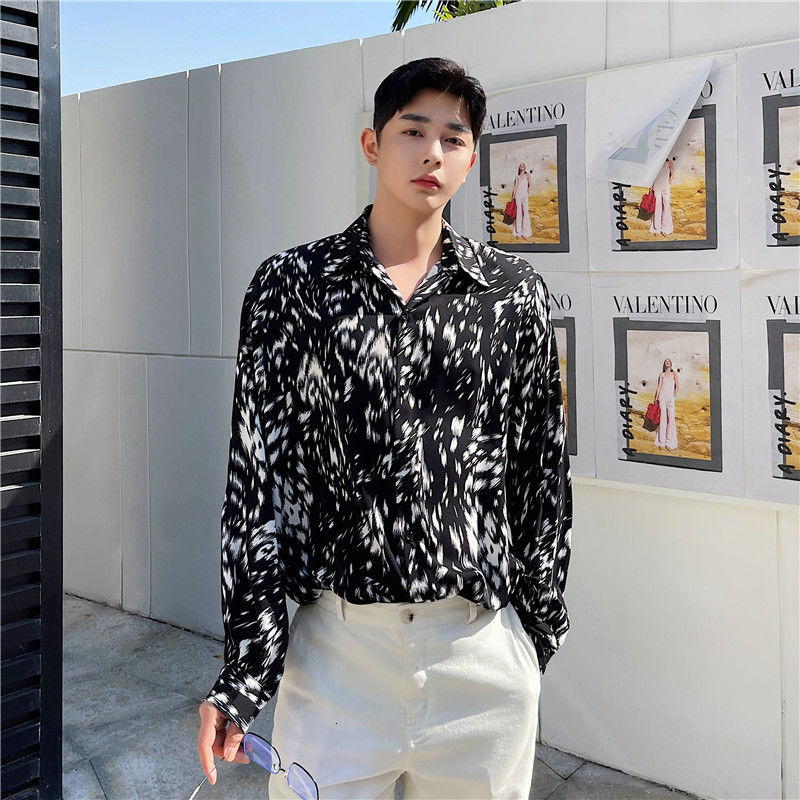 IEFB Korean Streetwear Men's Clothing Leopard Print Long Sleeve Shirt Casual Trend Fashionable Oversize Loose Lapel Tops 9Y6760 210524