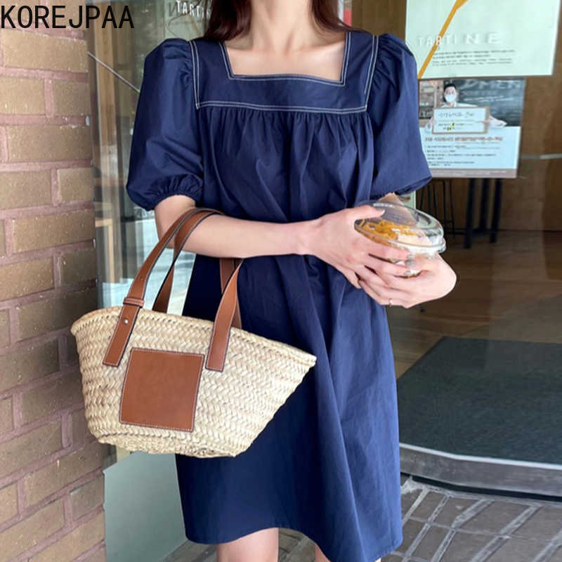 Korejpaa Women Dress Summer Korean Ins Ladies Simple Square Neckline Contrast Color Ruffle Design Loose Puff Sleeve Vestido 210526, Dark blue
Korejpaa Women Dress Summer Korean Ins Ladies Simple Square Neckline Contrast Color Ruffle Design Loose Puff Sleeve Vestido 210526, Dark blue
