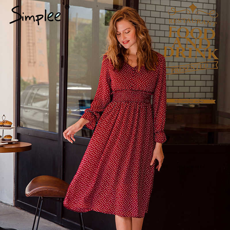 casual flare sleeve dres Elegant V-neck Polka Dot print sash dress A-Line holiday female midi dress autumn 210630