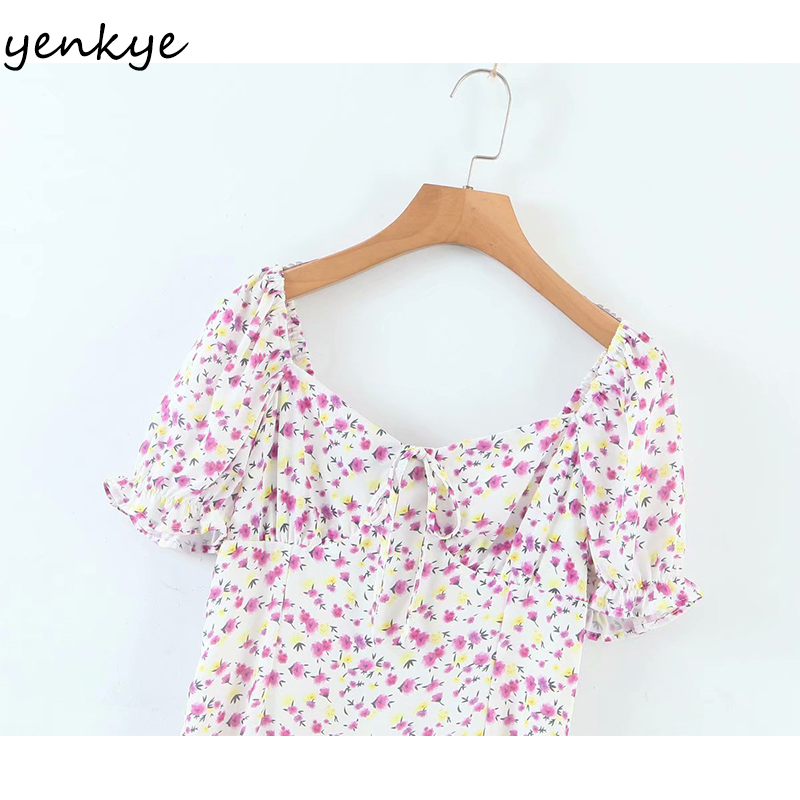 Vintage Prairie Chic Floral Print Dress Women Sexy Square Neck Short Sleeve Holiday Summer Female A-line Mini Robe 210430