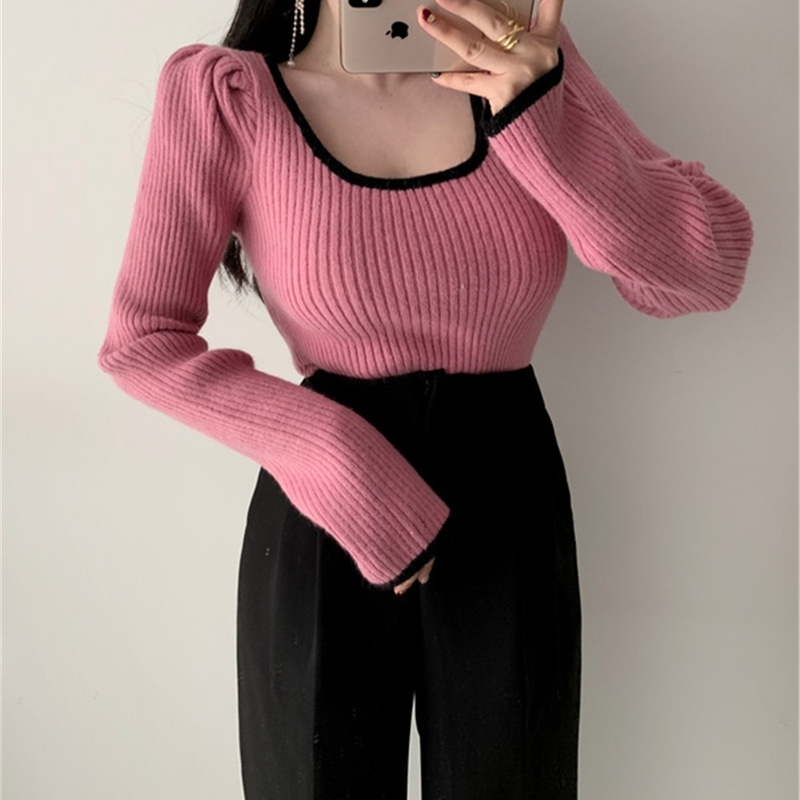 Korean Puff Sleeve Knitted Short Pullover Top Women Square Collar Long Vintage Sexy Sweater Fashion Ladies Elegant Jumper 210514