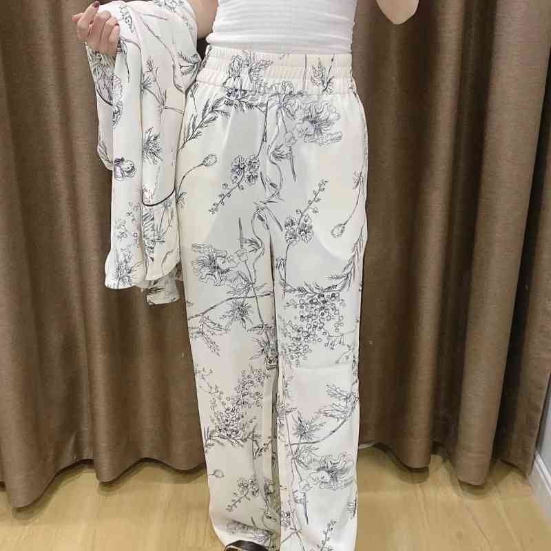 Spring Women Flower Printing Edge Piping Straight Pants Casual Lady Elastic Waist Loose Trousers P1982 210430