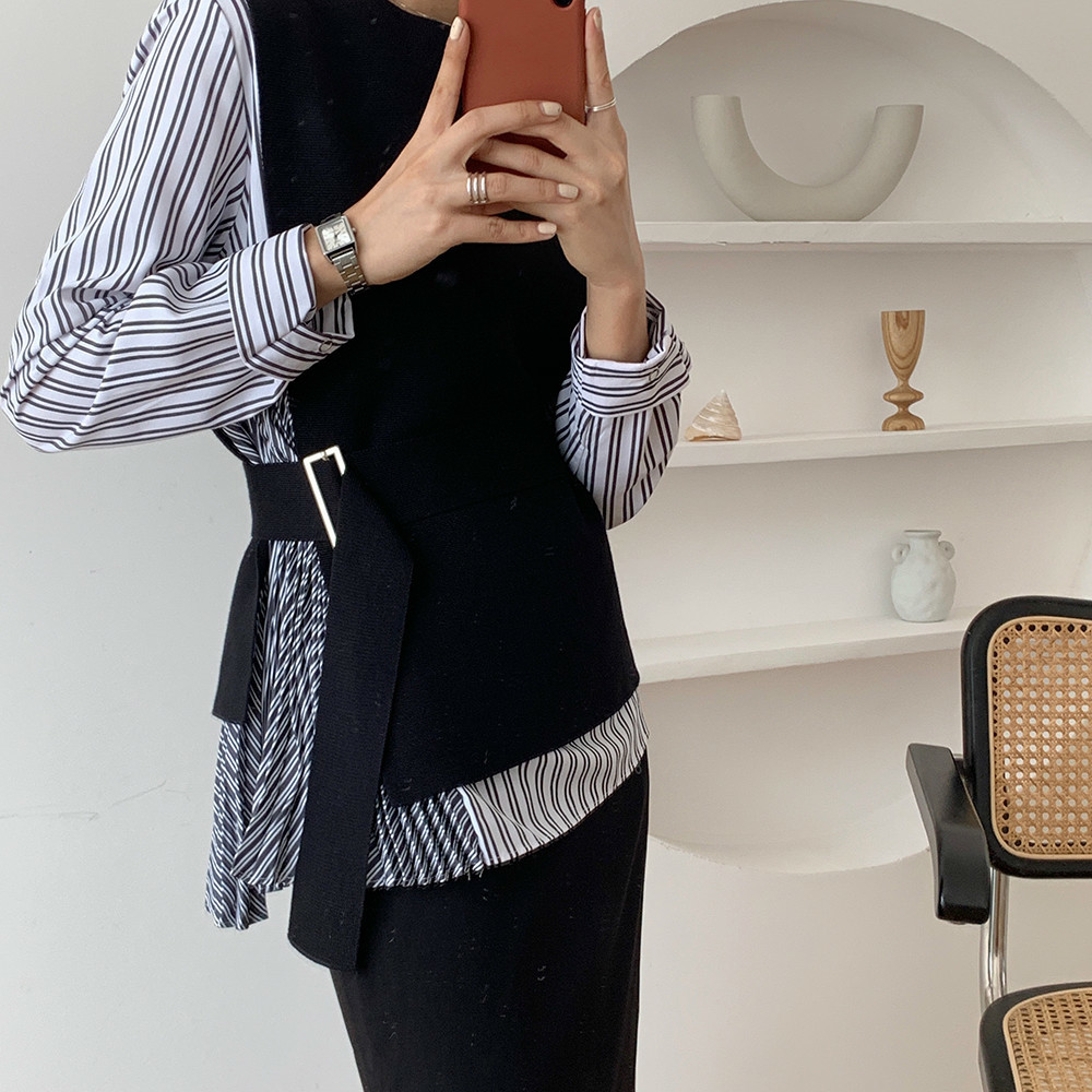 Nomikuma Korea Women 2piece Blouse Sets Striped Long Sleeve Blouses Shirt + Lace Up Slim Waist O-neck Knitted Vest Suits 6C890 210427