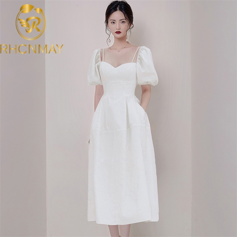 Fashion Summer Women White Elegant Dress V neck Puff sleeves Mid-calf Solid Empire Slim Party 210506