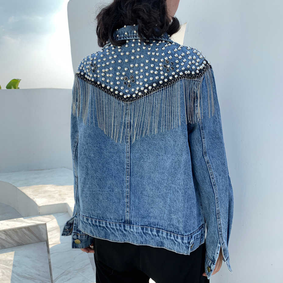 Short Heavy Industry Denim Jacket Female Autumn Winter Loose Beaded Diamond Tassel Jeans Coat Women Plus Size Outwear 210601