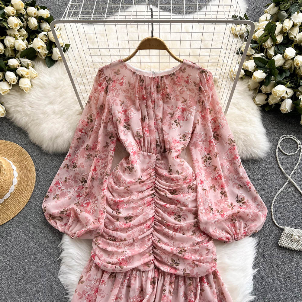 Bohemian Women Floral Chiffon Draped Long Dress Boho Vacation Beach Robe Female Puff Long Sleeve High Waist Party Vestidos New 2022