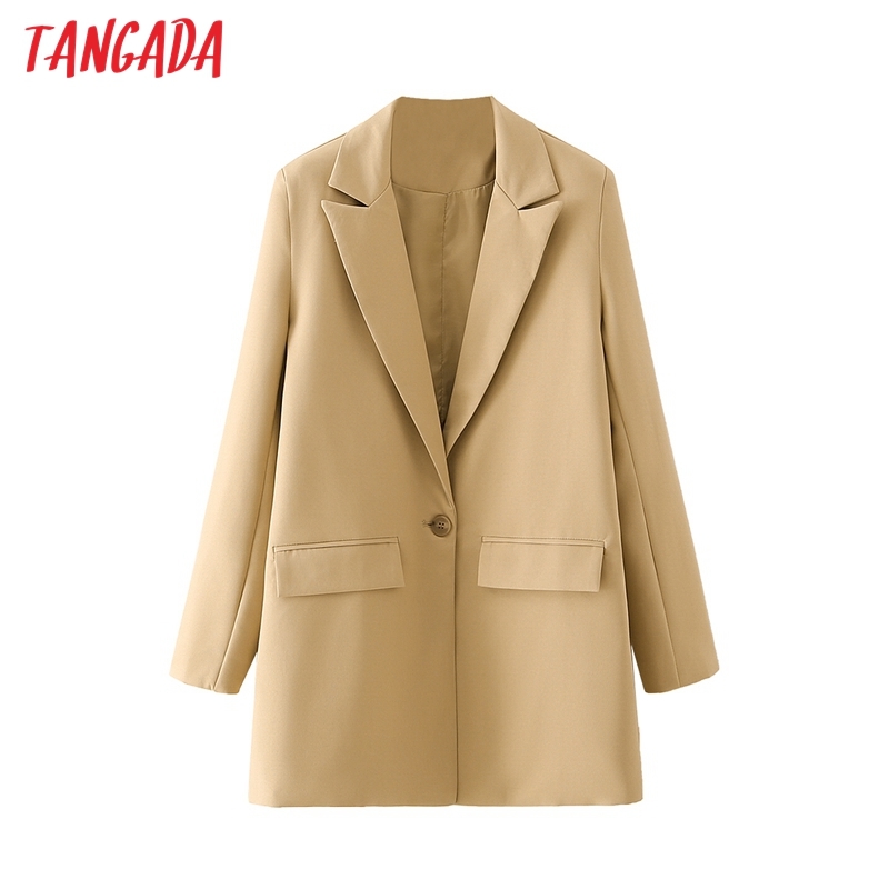 Women One Buttons Khaki Blazer Coat Vintage Notched Collar Pocket Fashion Female Casual Chic Tops DA95 210416