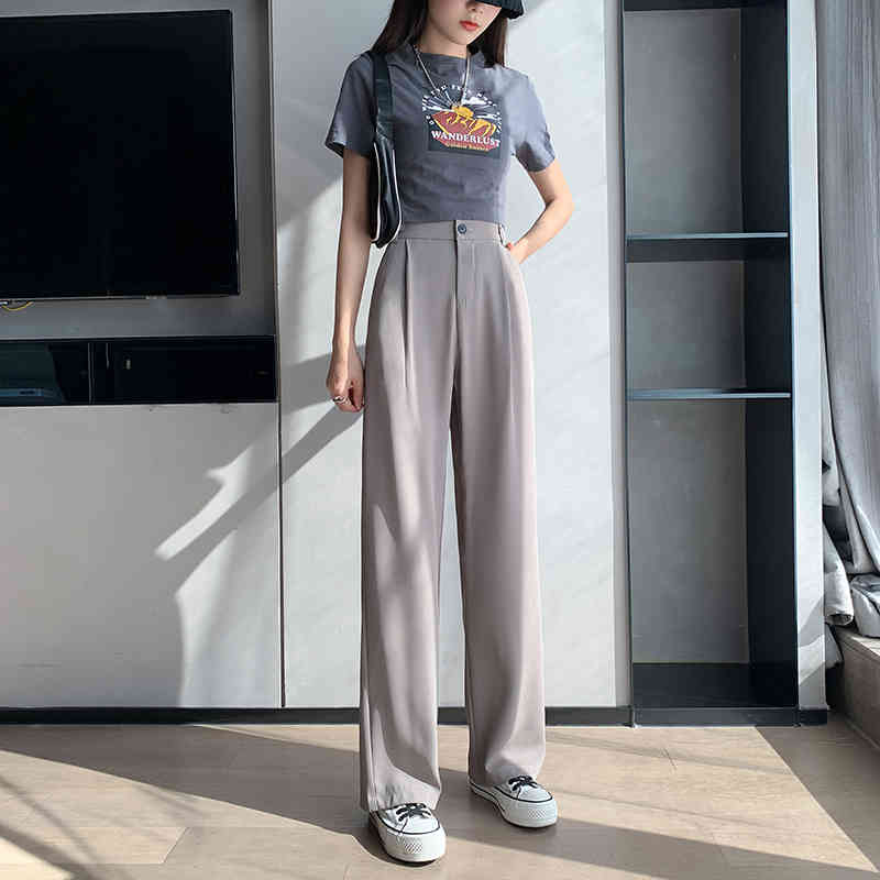 Casual High Waist Loose Wide Leg Pants for Women Spring Summer Female Floor-Length White Suits Ladies Trousers 210514