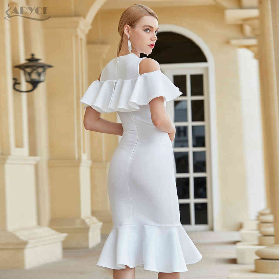 Summer Women Club White Ruffles Bandage Dress Sexy Hollow Out Short Sleeve Celebrity Runway Party Vestidos 210423