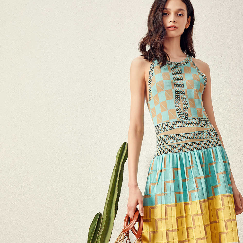 Summer Women Knitting Dress Sexy Halter Neck Sleeveless Bohemian Plaid Long Sweater Dress ladies Boho vestidos mujer 210630