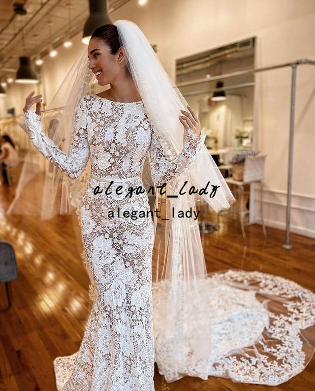 Crochet Cotton Lace Mermaid Wedding Dresses 2022 Berta Backless Long Sleeve Slim Jewel Neck Bohemian Country Bridal Dress vestidos
