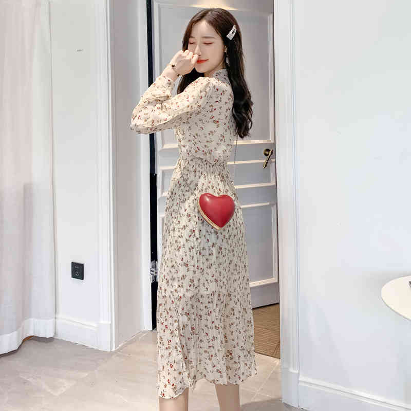 Women Autumn Floral Print Chiffon Dress Sweet Long Sleeve High Waist A-line Bow Empire Mid-Calf Pleated Vestidos 10771 210518