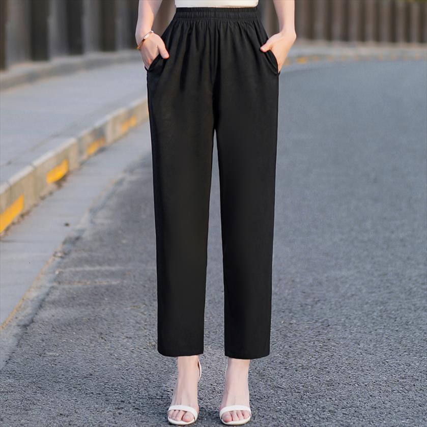 summer high waist straight women pants leg trousers elastic ankle length harem black, Black;white