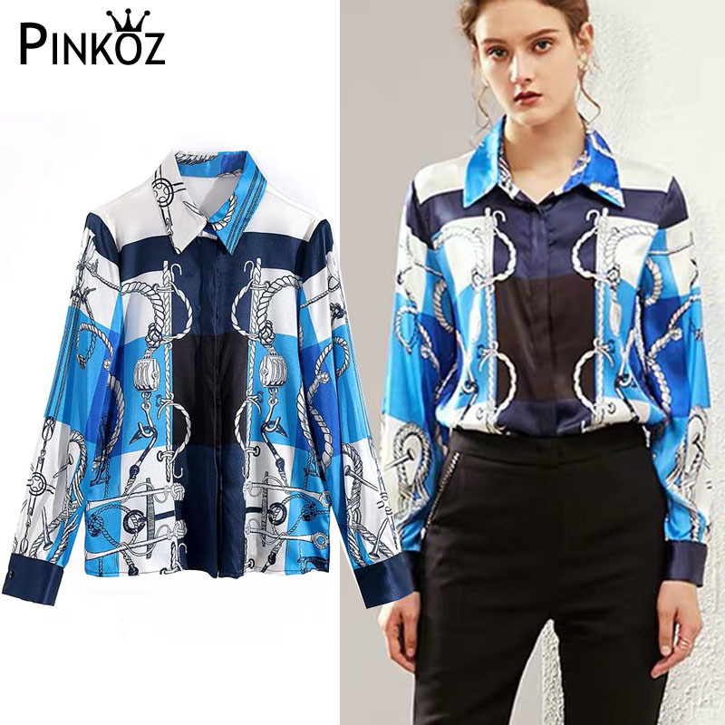 Vintage Chain Printing Women Long Sleeve Shirts Spring Leisure Lady Turndown Collar Blouses shirt Loose Tops 210421